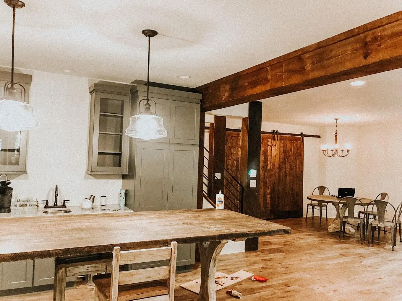 Kitchen and dining remodel with exposed beam in Kennesaw, GA
